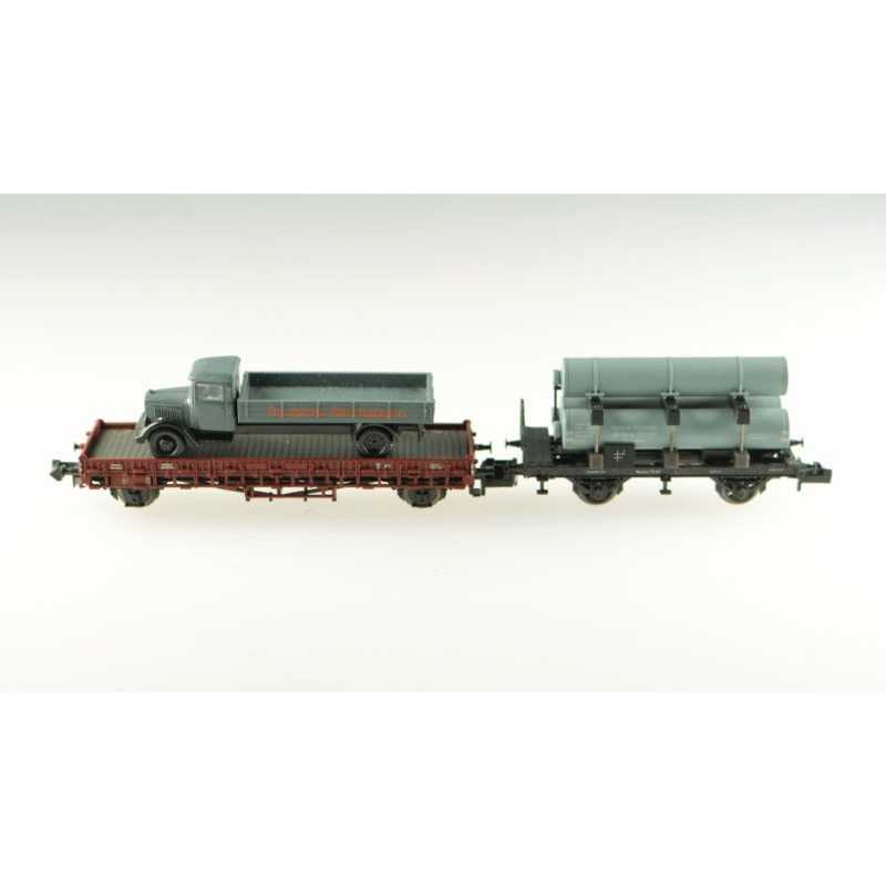 Minitrix 15243 DR(G), (vóór 1945) Wagen-Set mit einem Gasflaschenwagen, grau, und einem Niederbordwagen, Gattung Rs, braun, mit