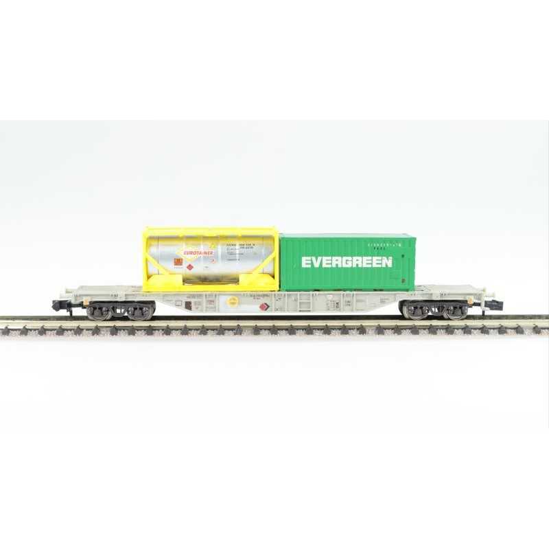Minitrix 15254-16 DB-AG Taschenwagen, type Sgss 703, 4-achsig, braun, mit ´EUROTAINER´ und einem 20´ Container (grün) ´EVERGREEN