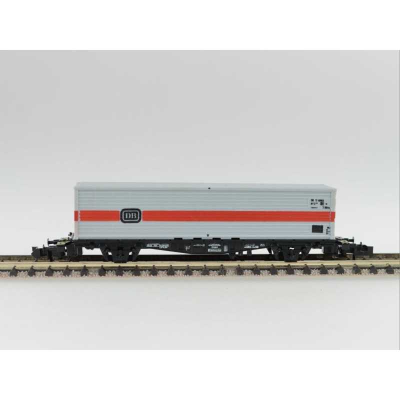 Minitrix 3563 DB Container-Tragwagen, 2-achsig, schwarz, mit 40´ Container (weiß), ´DB´ (Lezen)